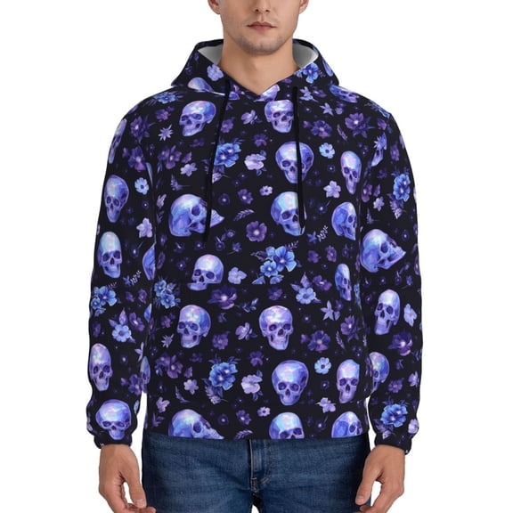 Lsque Skull flower leaf purple Pattern Casual Men's Hoodie,Hooded Sweatshirt with Kangaroo Pocket,Pullover Hoodie-4X-Large