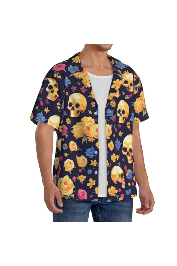 Skull gold flower print Men's Cuban Collar Short Sleeve Shirt Summer Beachwear Casual Button Down Fashionable Vacation Leisure Shirt-Large