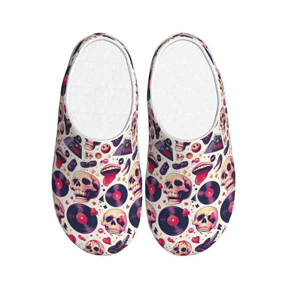 Lsque Skull lips record Guitar Pattern Womens Comfort Cotton on Scuff With Memory Foam and Anti-skid Sole Slipper-35/36