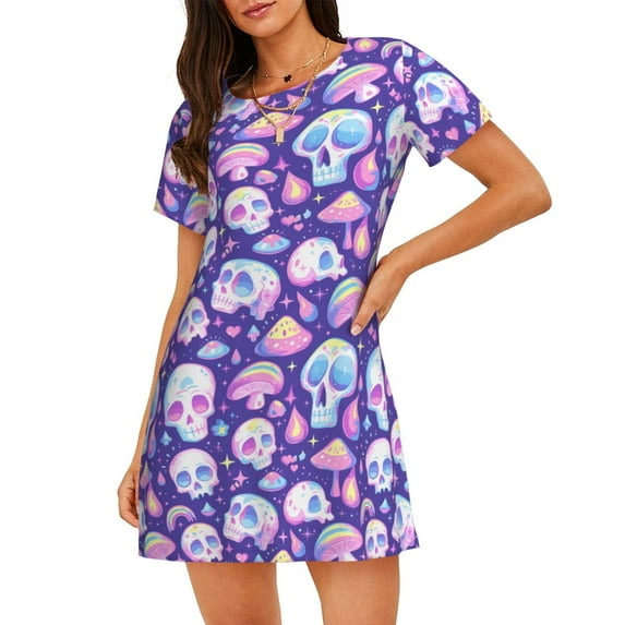 Lsque Skull mushroom colorful Pattern Nightgowns for Women Sleep Shirts Short Sleeve Nightshirt Pullover Nightdress Soft Sleepwear Relaxed Fit Nightdress