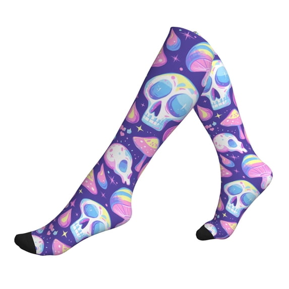 Lsque Skull mushroom colorful Pattern Sport Compression Socks for Men & Women 15-20 mmHg Knee High Nurse Pregnant Running Medical and Travel Athletic