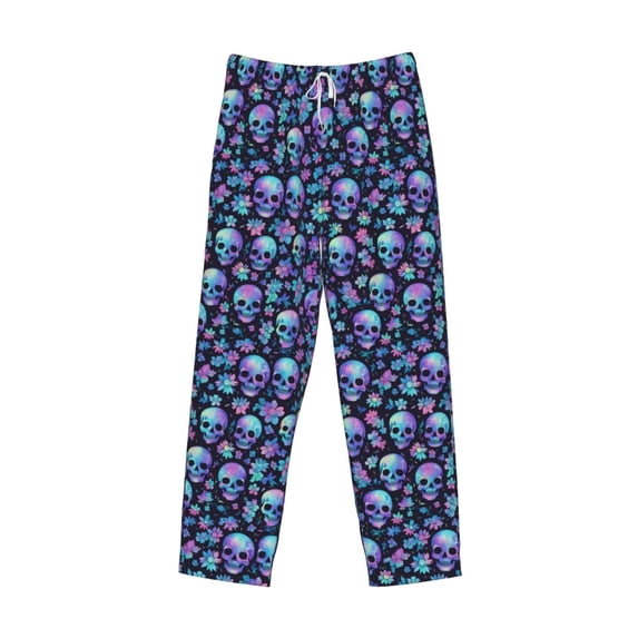 Lsque Skull purple flower Print Men's Pajama Pants, Lounge Pant - Comfortable Home Wear,Elastic Waistband, Stylish Design-XX-Large
