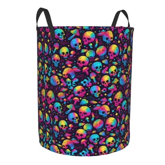 Lsque Skull rainbow color mushroom pattern Laundry Hamper Basket, Tall Woven Rope Hamper Basket for Clothes, Lightweight Storage Basket, Collapsible Waterproof-Small