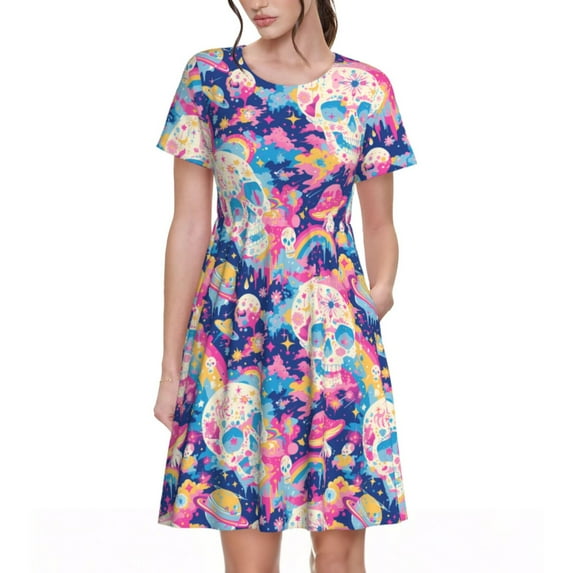Lsque Skull rainbow color space Print Women's Casual Dress T-Shirt Summer Short Sleeve Scoop Neck Swing Dresses