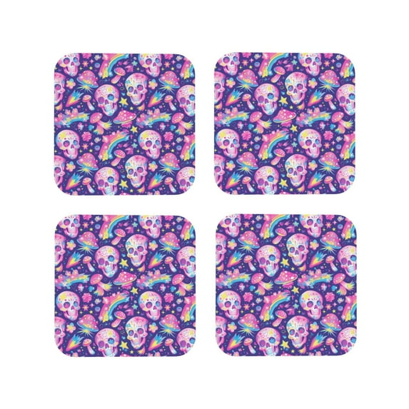 Lsque Skull rainbow mushroom colorful Pattern 4" Drink Coasters Set of 4, PVC Leather Absorbent Coasters, Table Coaster Set Decorative Coffee Cup Coasters Housewarming Gift -Square
