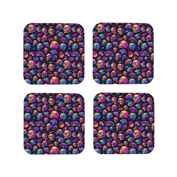 Lsque Skull rainbow star mushroom Pattern 4" Drink Coasters Set of 4, PVC Leather Absorbent Coasters, Table Coaster Set Decorative Coffee Cup Coasters Housewarming Gift -Square