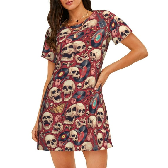 Lsque Skull record Guitar music Pattern Nightgowns for Women Sleep Shirts Short Sleeve Nightshirt Pullover Nightdress Soft Sleepwear Relaxed Fit Nightdress