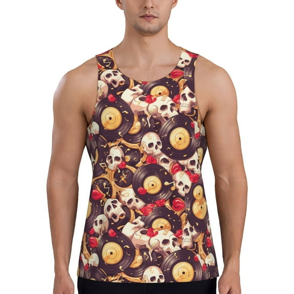Lsque Skull record lips Pattern Mens Tank Tops Muscle Athletic Quick Dry Sleeveless Workout Fitness T Shirts Beach Tank Top, Loose-fit Sleeveless Shirt for Men-3X-Large