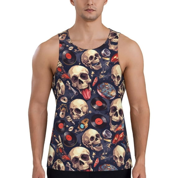 Lsque Skull record rock Pattern Mens Tank Tops Muscle Athletic Quick Dry Sleeveless Workout Fitness T Shirts Beach Tank Top, Loose-fit Sleeveless Shirt for Men-X-Large