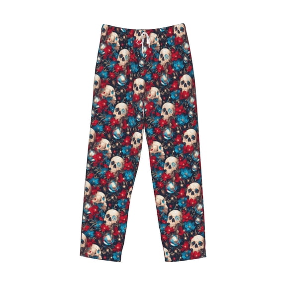 Lsque Skull red flower blue Print Men's Pajama Pants, Lounge Pant - Comfortable Home Wear,Elastic Waistband, Stylish Design-Large