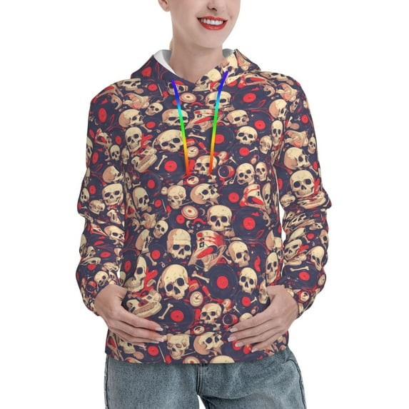 Lsque Skull rock music record Pattern Casual Women's Hoodie,Hooded Sweatshirt with Kangaroo Pocket,Pullover Hoodie with Eye-catching Drawstrings-Medium