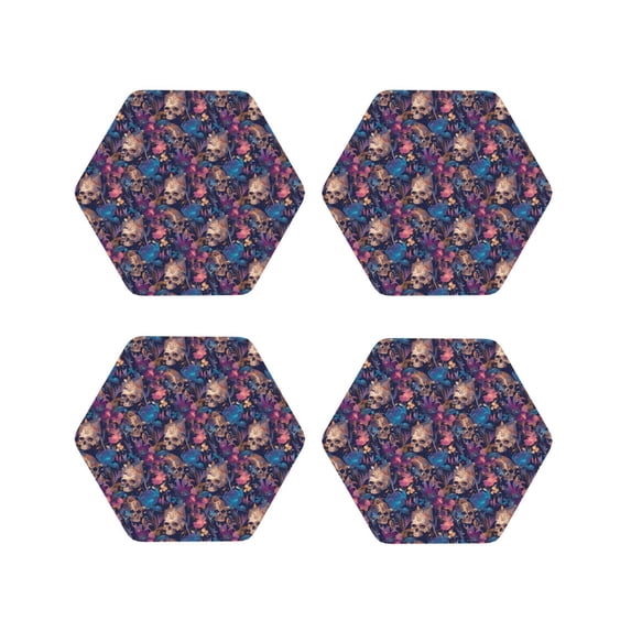 Lsque Skull starry sky flower Pattern 4" Drink Coasters Set of 4, PVC Leather Absorbent Coasters, Table Coaster Set Decorative Coffee Cup Coasters Housewarming Gift -Hexagon