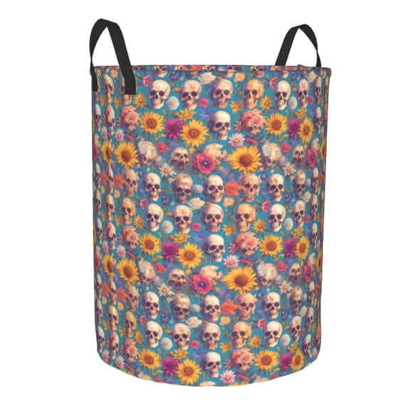 Lsque Skull sunflower daisy pattern Laundry Hamper Basket, Tall Woven Rope Hamper Basket for Clothes, Lightweight Storage Basket, Collapsible Waterproof-Small