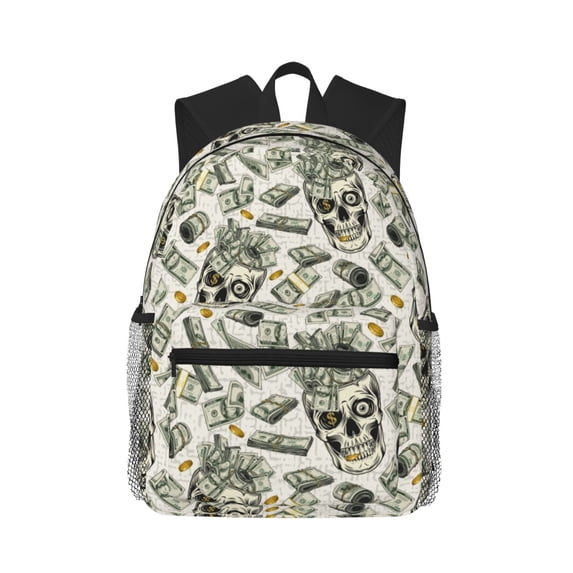Lsque Skull with Cash Classic Casual Backpack - Large Capacity Water-Resistant Backpack for School, Work, Travel, and Outdoor Activities