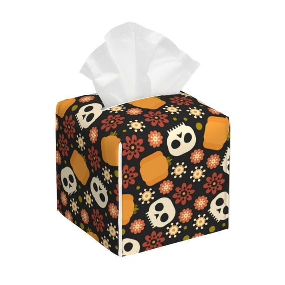 Lsque Skulls Printed Tissue Box Cover Holder, Facial Paper Organizer Dispenser,Square with Bottom Belt, PVC Leather Decorative Organizer