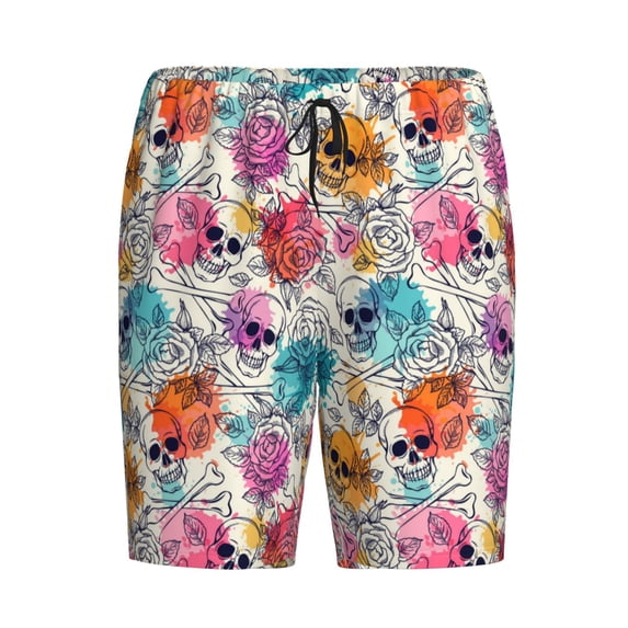 Lsque Skulls and Roses Mens Sleep Pajama Shorts,Short Pajama Pants, Cotton Ultra-Soft Knit-Small