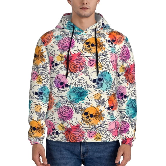 Lsque Skulls and Roses Pattern Casual Men's Hoodie,Hooded Sweatshirt with Kangaroo Pocket,Pullover Hoodie-XX-Large