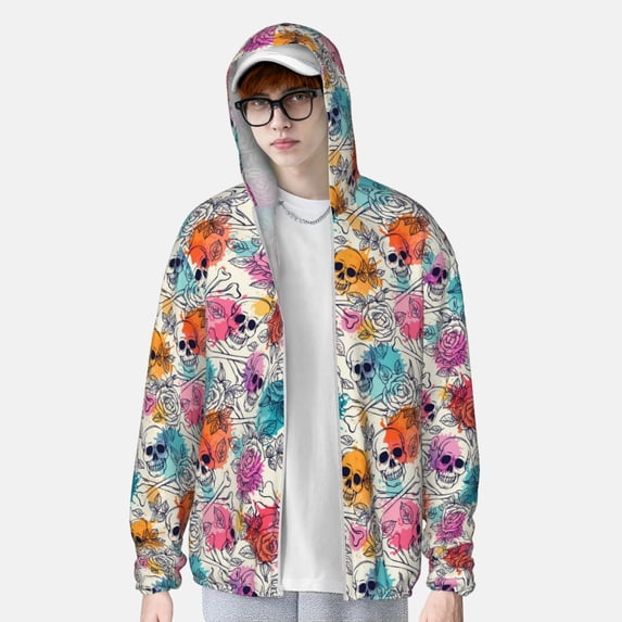 Lsque Skulls and Roses UPF 50+ Lightweight Sun Protection Men's Women's Long Sleeve Shirt, Hoodie Performance -Small