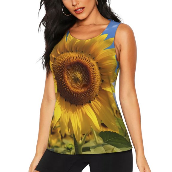 Lsque Sky Golden Sunflower Field A Printed Workout Tank Tops for Women, Athletic Sports Tank Tops, Compression Sleeveless Dry Fit Shirts,Sleeveless Yoga Shirt-