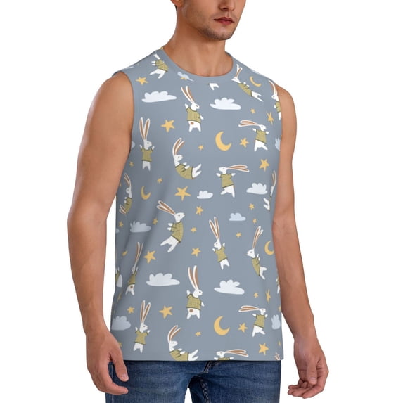 Lsque Sleep Rabbit Print Men's Cotton Blend Sleeveless Muscle Shirts (S-3XL)- Moisture Wicking, Odor Protection, UPF 30+,XX-Large