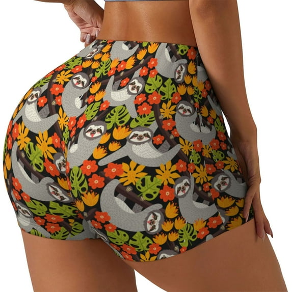 Lsque Sloth on the Branch Pattern High Waisted Biker Shorts for Women-Tummy Control Fitness Athletic Workout Running Yoga Gym Shorts,Moisture-Wicking-Small