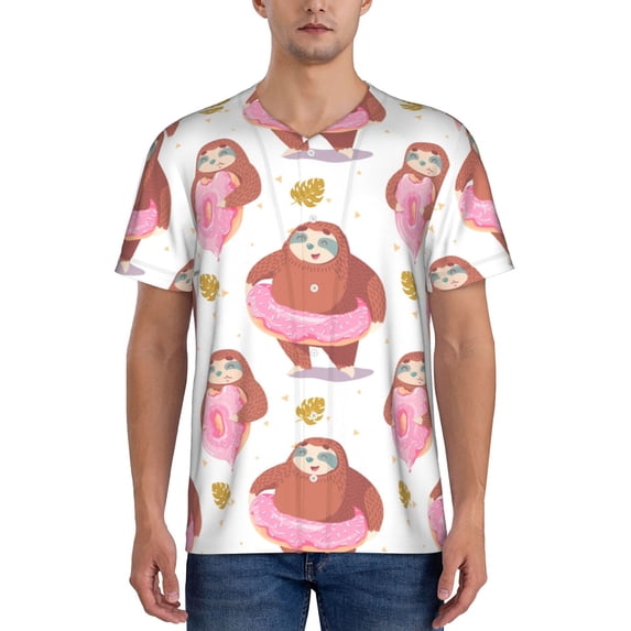 Lsque Sloth with Donuts1 Pattern Mens Polo Golf Shirts Funny Graphics Shorts Sleeve Button Shirts Baseball T-shirt-Large