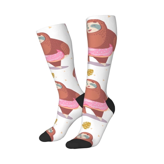 Lsque Sloth with Donuts1 Printed Crew Socks Men's Women's LightWeight Thin Casual Calf Socks ,Knee High Socks,Cotton Socks