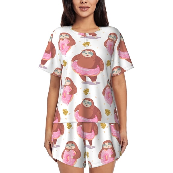 Lsque Sloth with Donuts1 Women's Short-Sleeved Pajama Set - 2 Piece Soft and Lightweight Sleepwear Set-Medium