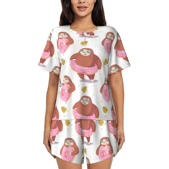 Lsque Sloth with Donuts1 Women's Short-Sleeved Pajama Set - 2 Piece Soft and Lightweight Sleepwear Set-Small
