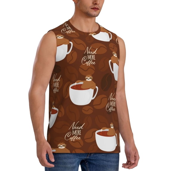 Lsque Sloths Need More Coffee Print Men's Cotton Blend Sleeveless Muscle Shirts (S-3XL)- Moisture Wicking, Odor Protection, UPF 30+,XX-Large