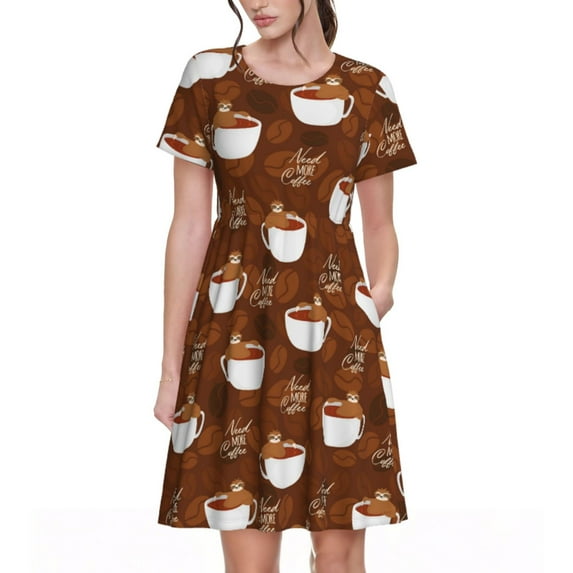 Lsque Sloths Need More Coffee Print Women's Casual Dress T-Shirt Summer Short Sleeve Scoop Neck Swing Dresses