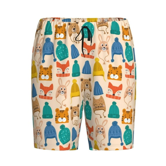 Lsque Small Animals with Knit Hat Pattern Mens Sleep Pajama Shorts,Short Pajama Pants, Cotton Ultra-Soft Knit-Small