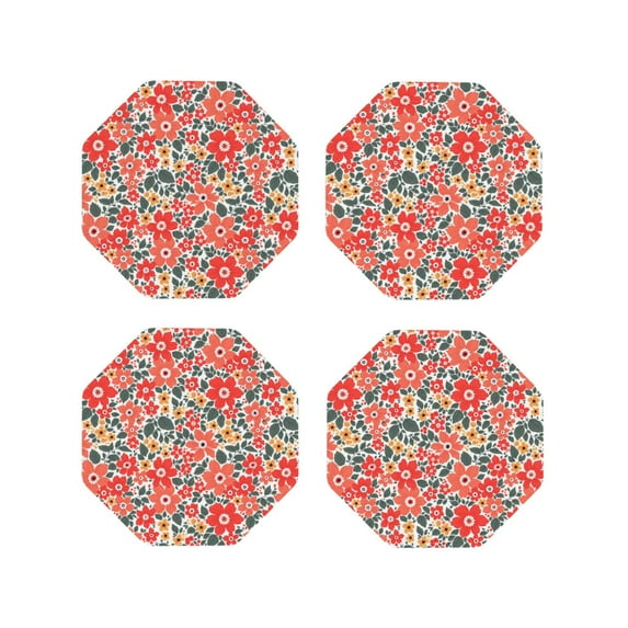 Lsque Small Coral Red Flowers Pattern 4" Drink Coasters Set of 4, PVC Leather Absorbent Coasters, Table Coaster Set Decorative Coffee Cup Coasters Housewarming Gift -Octagon