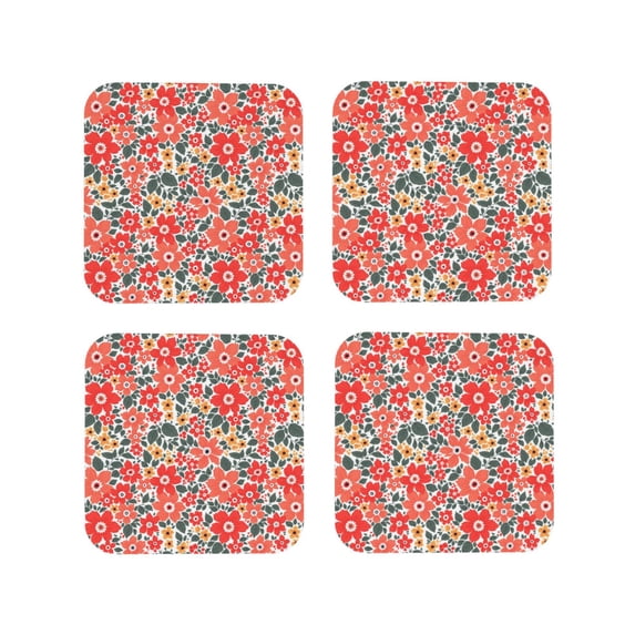 Lsque Small Coral Red Flowers Pattern 4" Drink Coasters Set of 4, PVC Leather Absorbent Coasters, Table Coaster Set Decorative Coffee Cup Coasters Housewarming Gift -Square