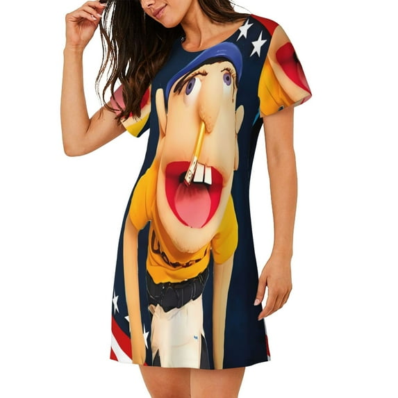 Lsque Sml Jeffy Pattern Nightgowns for Women Sleep Shirts Short Sleeve Nightshirt Pullover Nightdress Soft Sleepwear Relaxed Fit Nightdress