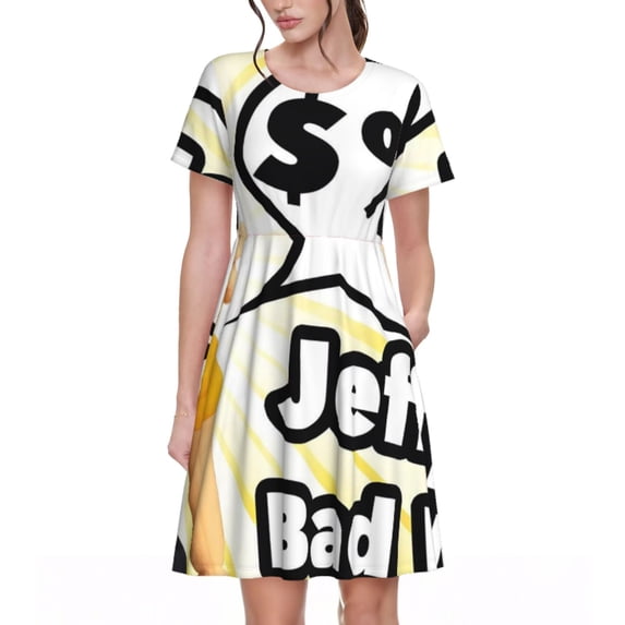 Lsque Sml Jeffy Print Women's Casual Dress T-Shirt Summer Short Sleeve Scoop Neck Swing Dresses
