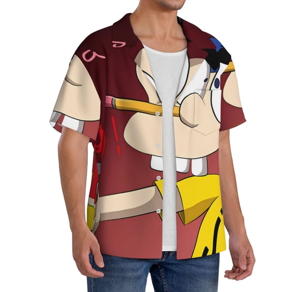 Lsque Sml Jeffy print Men's Cuban Collar Short Sleeve Shirt Summer Beachwear Casual Button Down Fashionable Vacation Leisure Shirt-Small