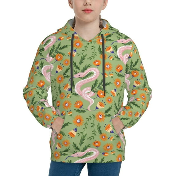 Lsque Snake And Floral Patten Youth Hoodie Sweatshirt Pullover with Kangaroo Pocket Boys and Girls Hoodie Warm Hoodie for Kids-Large