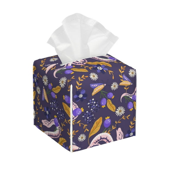 Lsque Snake And Floral Printed Tissue Box Cover Holder, Facial Paper Organizer Dispenser,Square with Bottom Belt, PVC Leather Decorative Organizer