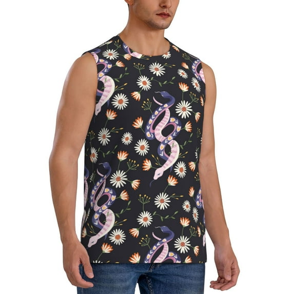 Lsque Snake And Floral1 Print Men's Cotton Blend Sleeveless Muscle Shirts (S-3XL)- Moisture Wicking, Odor Protection, UPF 30+,Medium