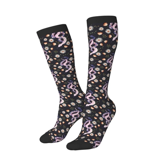 Lsque Snake And Floral1 Printed Crew Socks Men's Women's LightWeight Thin Casual Calf Socks ,Knee High Socks,Cotton Socks