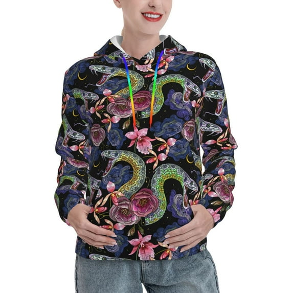 Lsque Snake And Flower Pattern Casual Women's Hoodie,Hooded Sweatshirt with Kangaroo Pocket,Pullover Hoodie with Eye-catching Drawstrings-Small