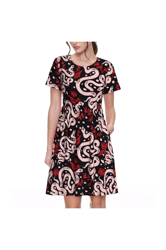 Snake And Rose Print Women's Casual Dress T-Shirt Summer Short Sleeve Scoop Neck Swing Dresses