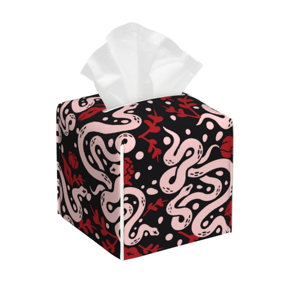 Lsque Snake And Rose Printed Tissue Box Cover Holder, Facial Paper Organizer Dispenser,Square with Bottom Belt, PVC Leather Decorative Organizer