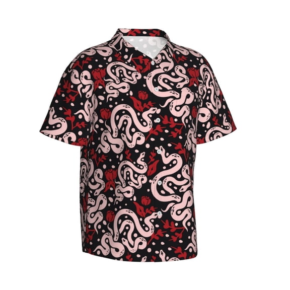 Lsque Snake And Rose pattern Hawaiian Shirt for Men, Unisex Summer Beach Casual Short Sleeve Button Down Shirts-Medium