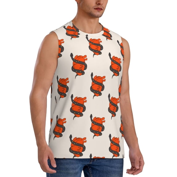Lsque Snake Around Heart Print Men's Cotton Blend Sleeveless Muscle Shirts (S-3XL)- Moisture Wicking, Odor Protection, UPF 30+,XX-Large