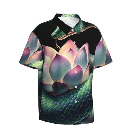 Lsque Snake Holding A Lotus pattern Hawaiian Shirt for Men, Unisex Summer Beach Casual Short Sleeve Button Down Shirts-3X-Large