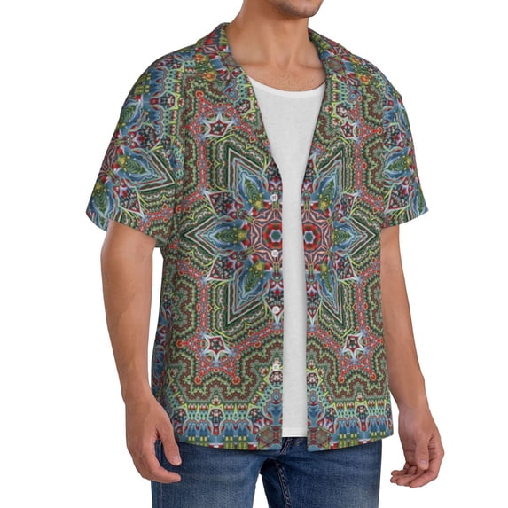 Lsque Snowflake Colorful print Men's Cuban Collar Short Sleeve Shirt Summer Beachwear Casual Button Down Fashionable Vacation Leisure Shirt-3X-Large
