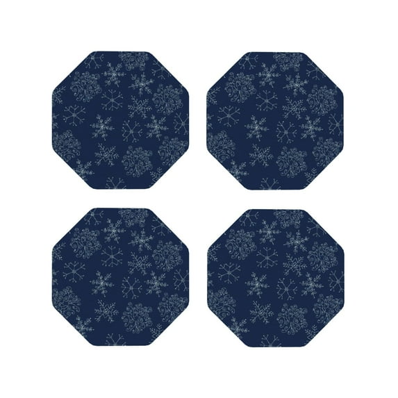 Lsque Snowflake Dark Blue Pattern 4" Drink Coasters Set of 4, PVC Leather Absorbent Coasters, Table Coaster Set Decorative Coffee Cup Coasters Housewarming Gift -Octagon