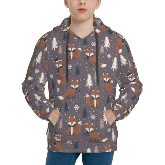 Lsque Snowflake Fox Patten Youth Hoodie Sweatshirt Pullover with Kangaroo Pocket Boys and Girls Hoodie Warm Hoodie for Kids-Large